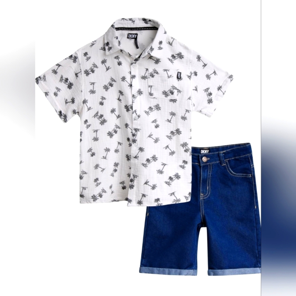 DKNY Toddler Boys' Summer Shorts Set - 2 Piece Short Sleeve Button Down Shirt 3T